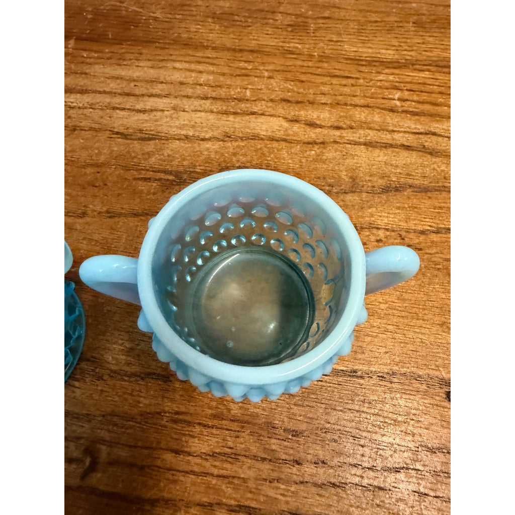 Vintage Fenton Opalescent Hobnail Sugar and Creamer Set Blue Moonstone Glass