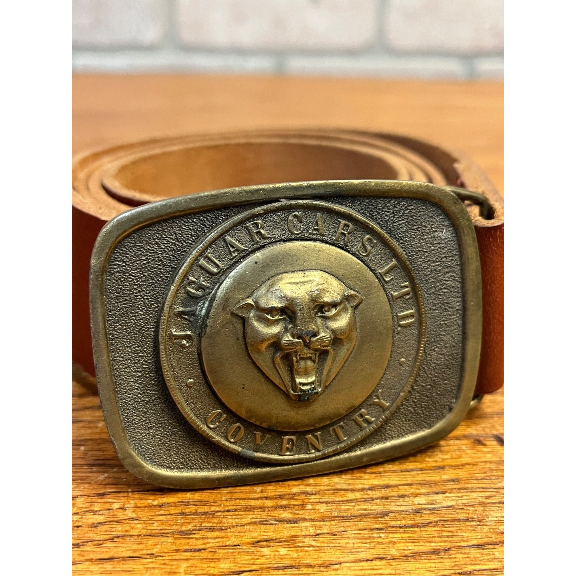 Vintage Jaguar Coventry Car Auto Collectors Dealers Brass Belt Buckle Retro
