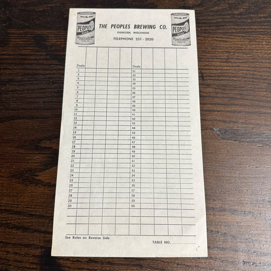 1940s People's Brewing Co. Oshkosh Wis Advertising Beer Shafskopf Scorecard