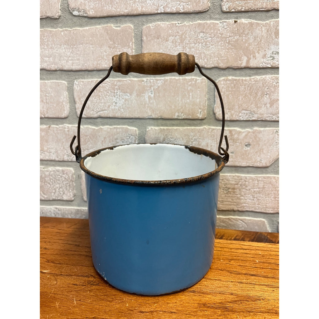 Antique Primitive Dark Blue Enamel Graniteware Handled Lunch Pail / Farmhouse Decor / No Lid