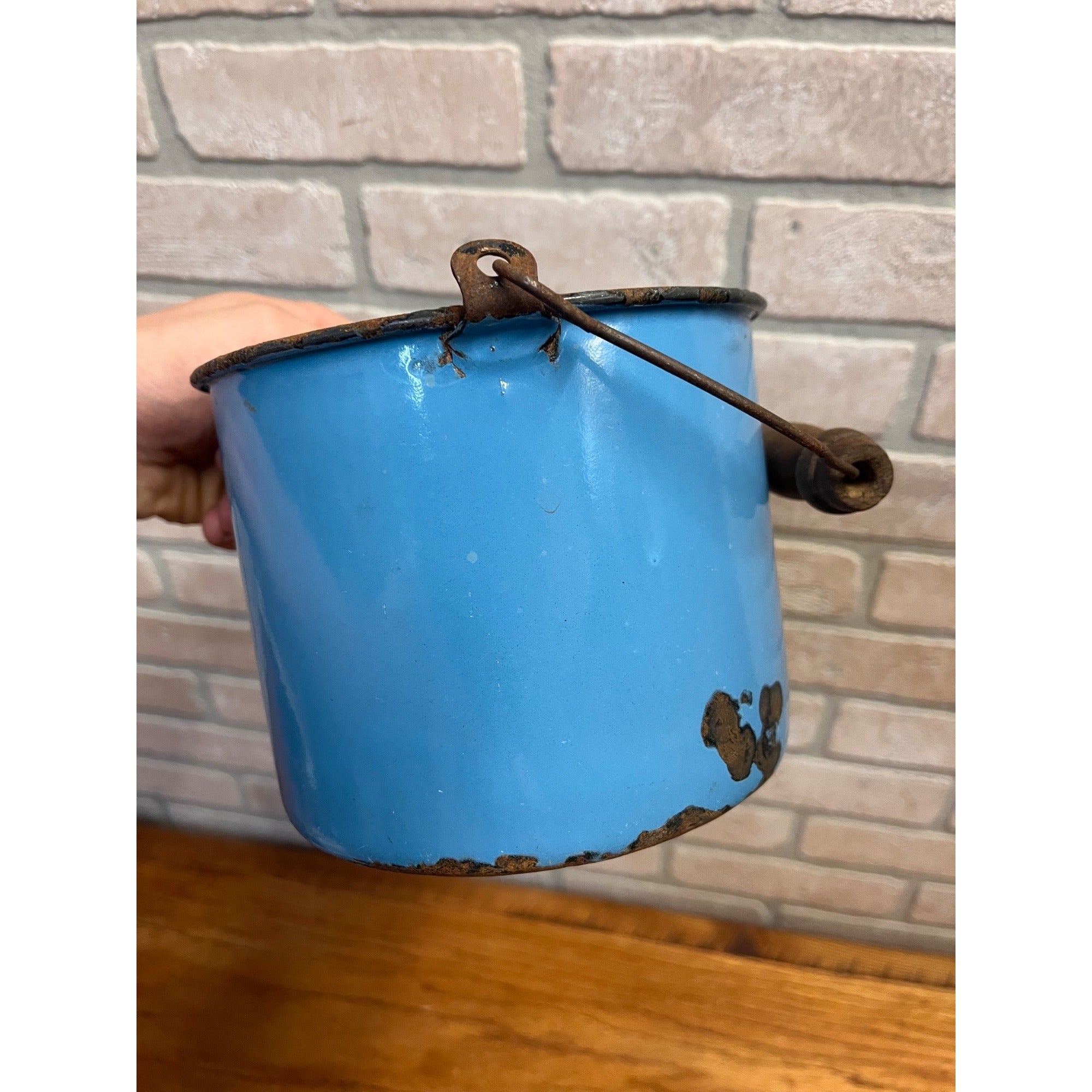 Antique Primitive Dark Blue Enamel Graniteware Handled Lunch Pail / Farmhouse Decor / No Lid