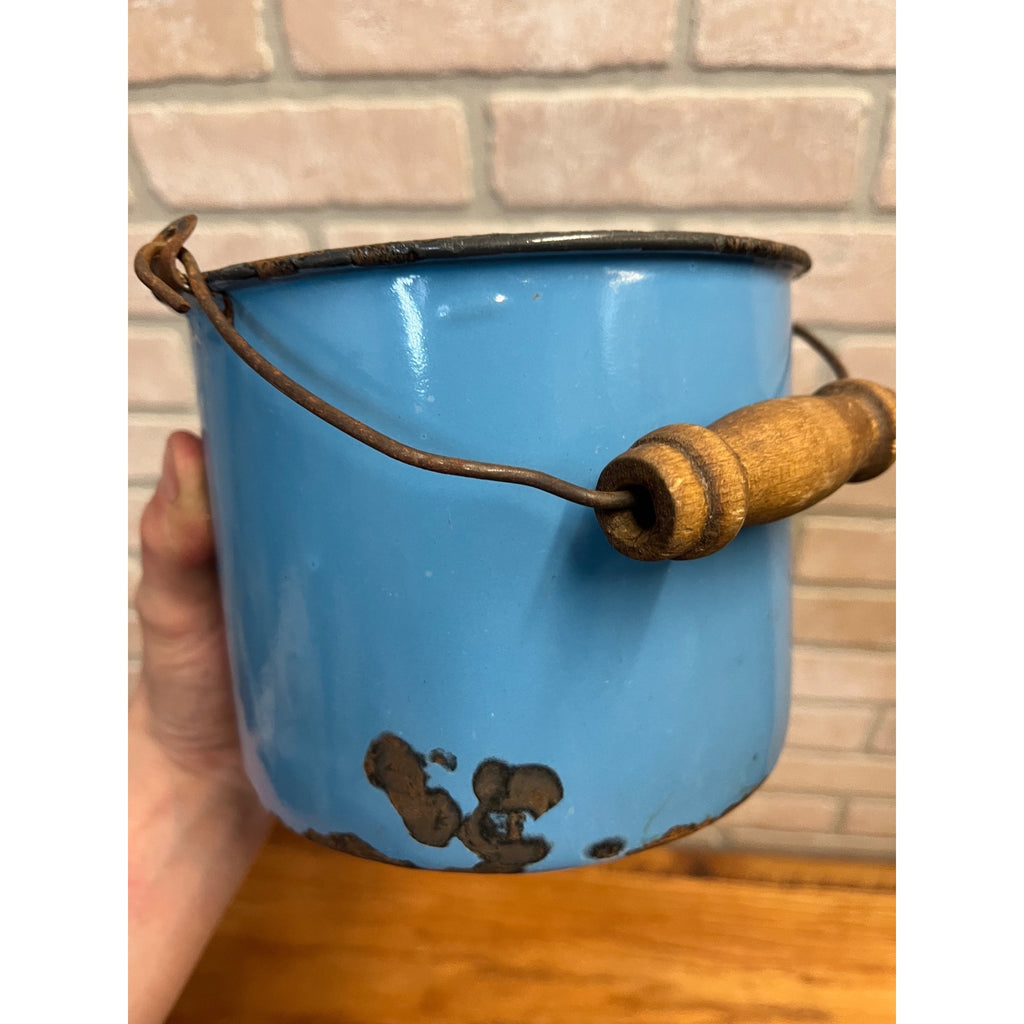 Antique Primitive Dark Blue Enamel Graniteware Handled Lunch Pail / Farmhouse Decor / No Lid