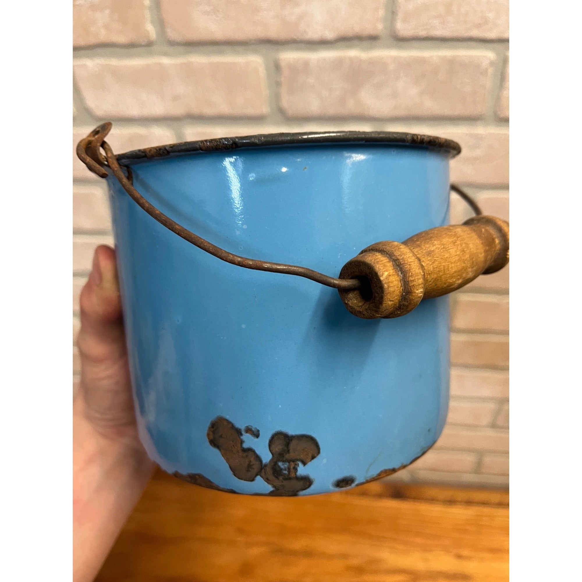 Antique Primitive Dark Blue Enamel Graniteware Handled Lunch Pail / Farmhouse Decor / No Lid