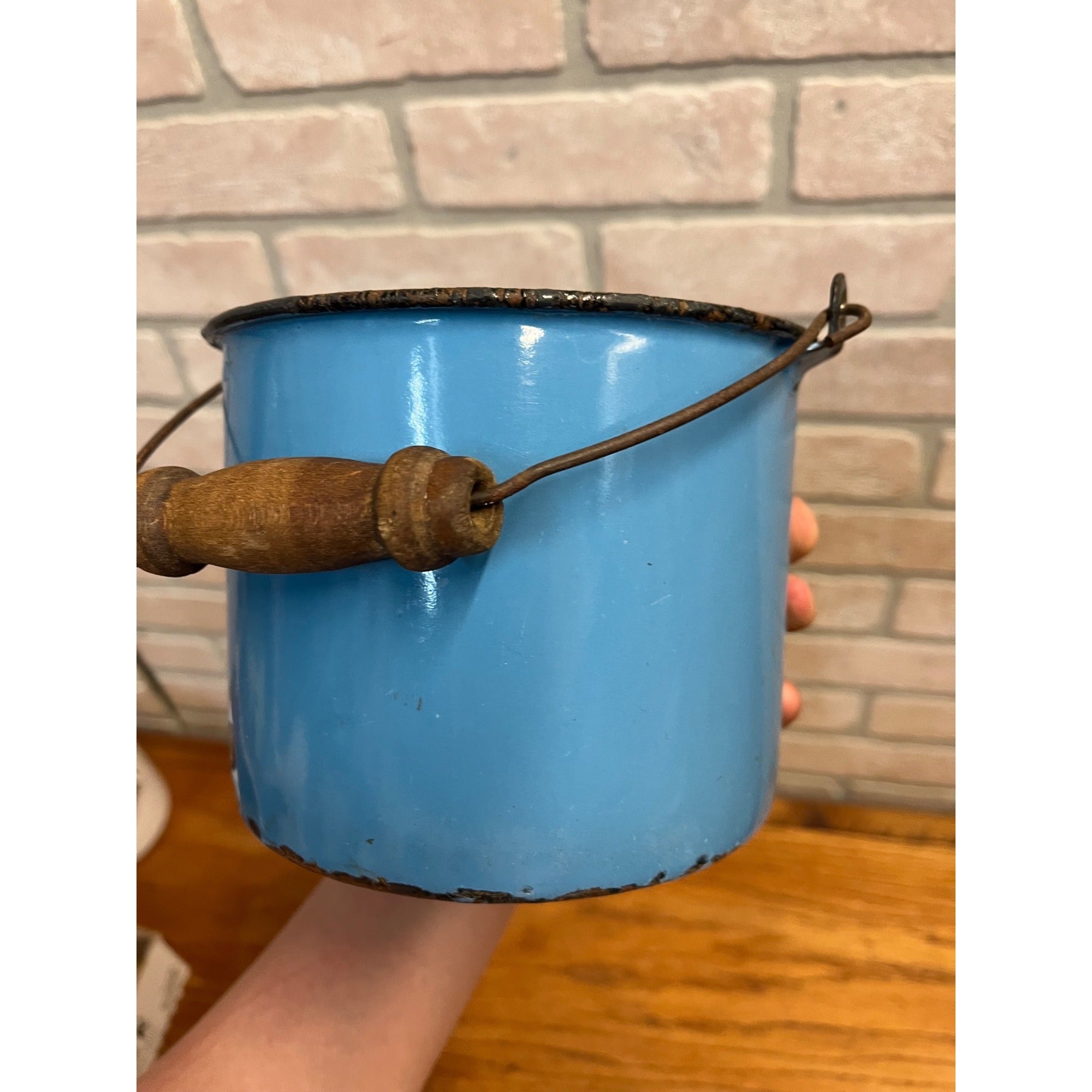 Antique Primitive Dark Blue Enamel Graniteware Handled Lunch Pail / Farmhouse Decor / No Lid