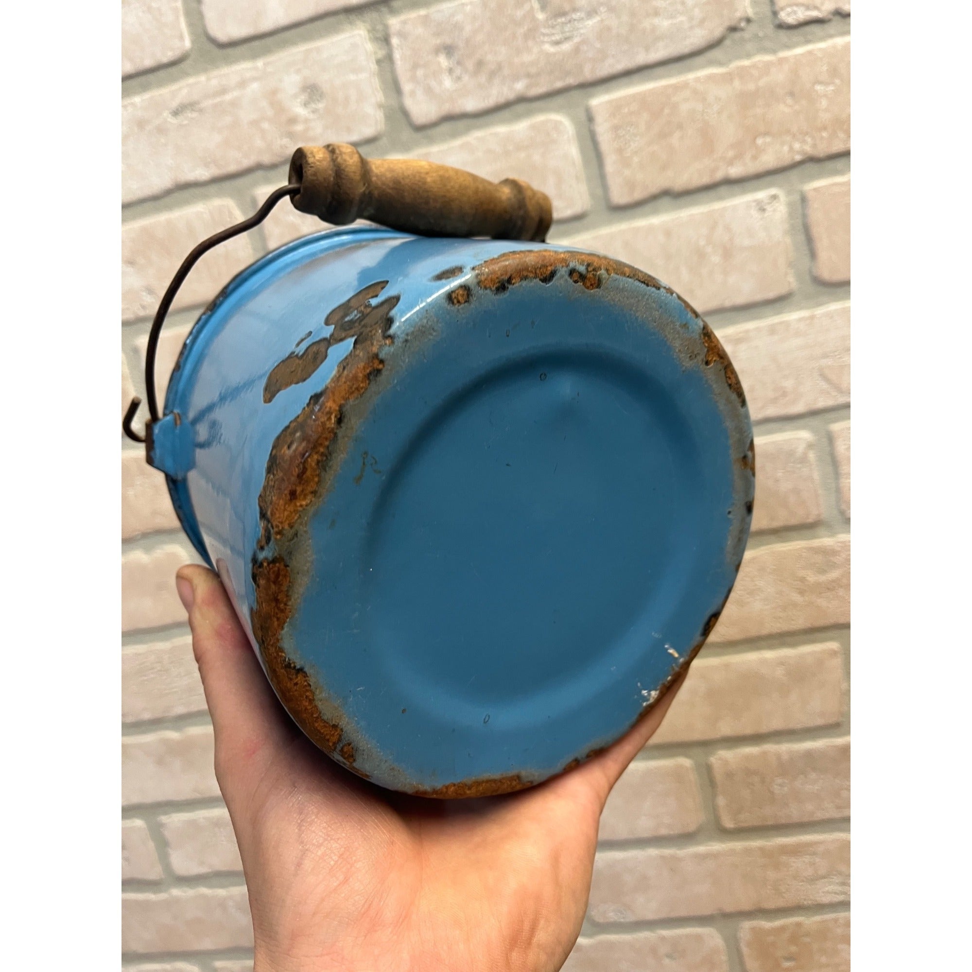 Antique Primitive Dark Blue Enamel Graniteware Handled Lunch Pail / Farmhouse Decor / No Lid