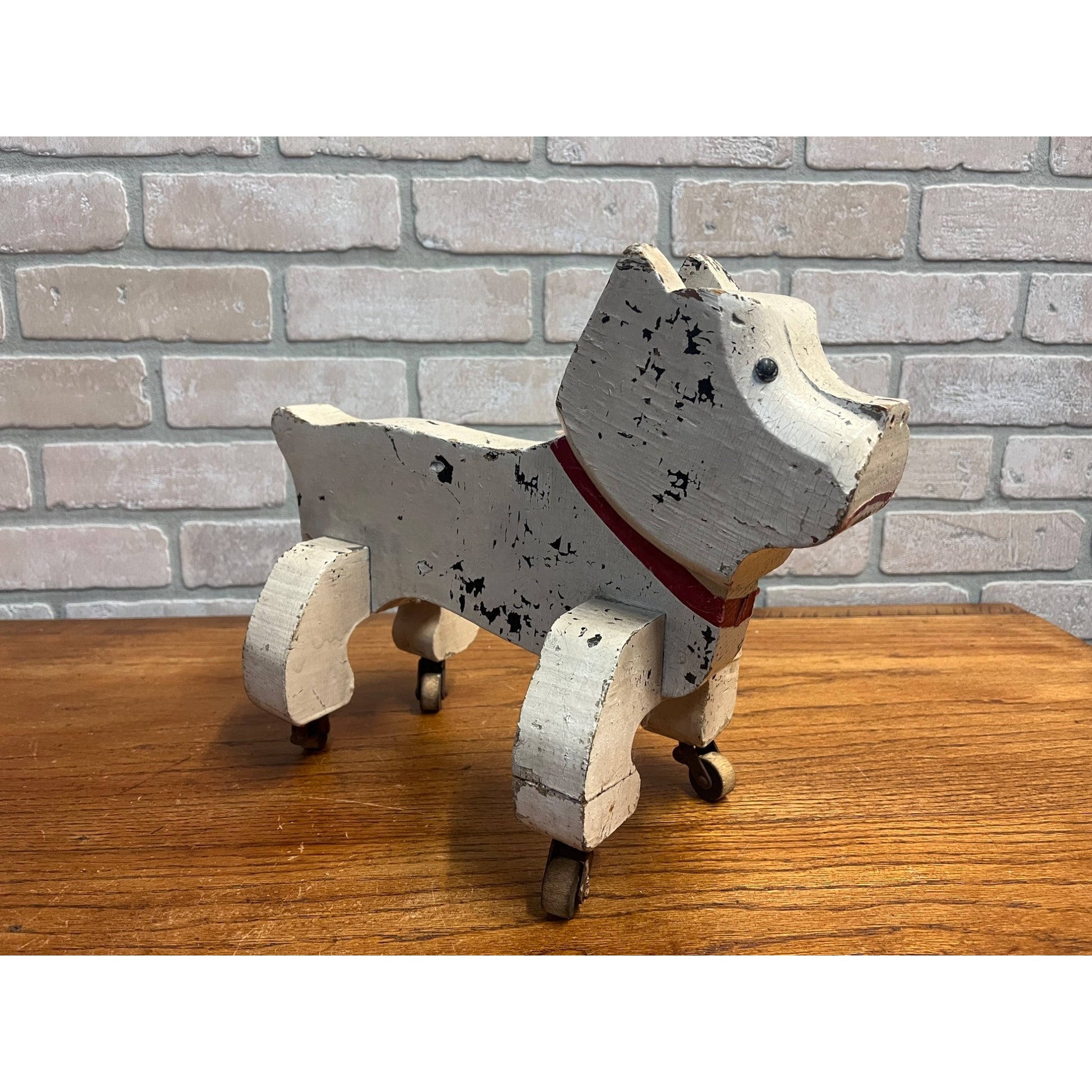 Antique Gould Toy Oshkosh Toddler Pet Bulldog Wooden Folk Art Carved Pull Toy