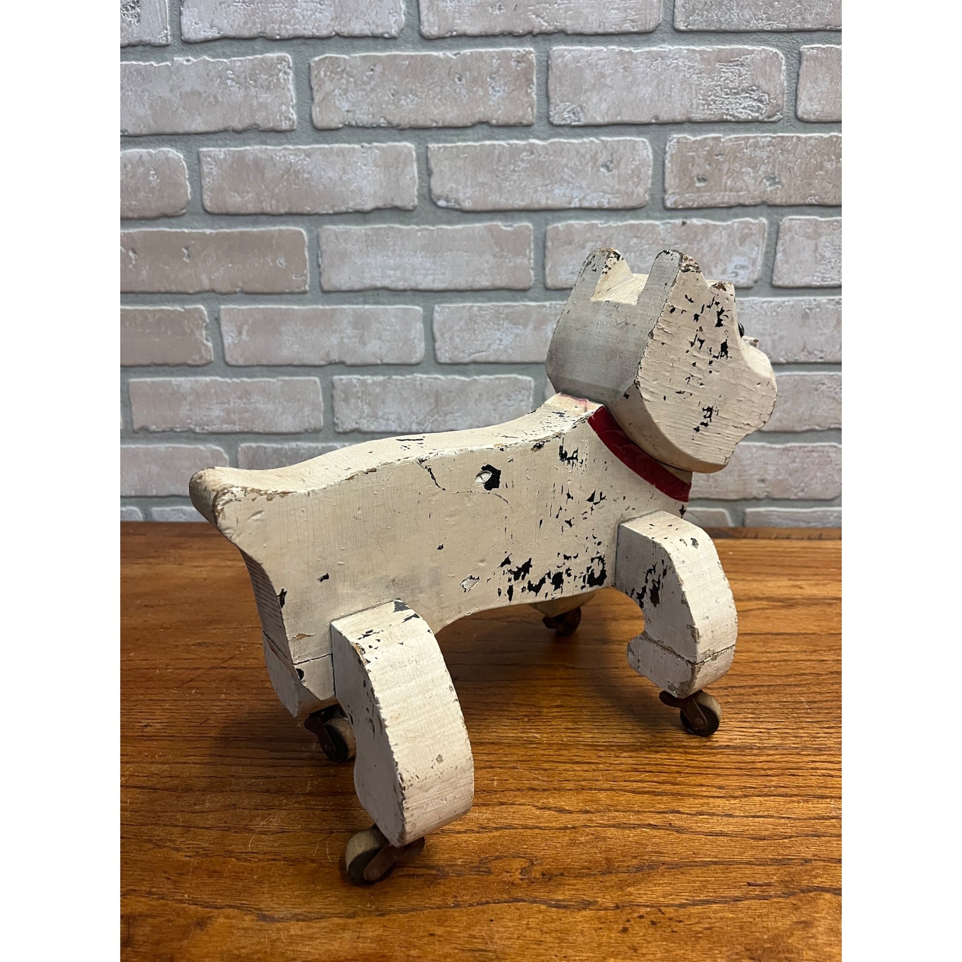 Antique Gould Toy Oshkosh Toddler Pet Bulldog Wooden Folk Art Carved Pull Toy