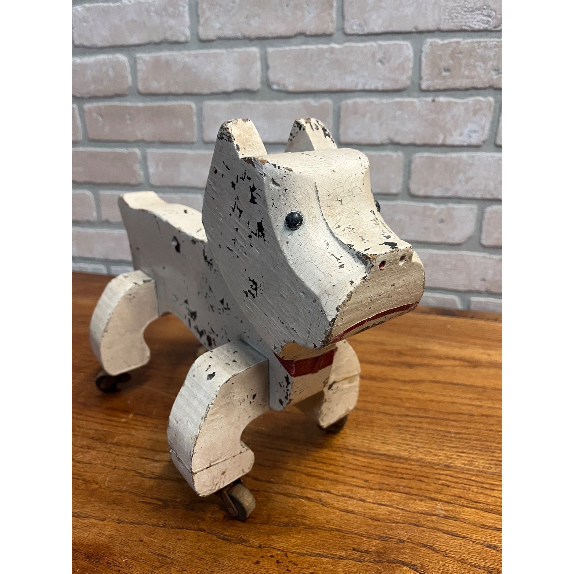 Antique Gould Toy Oshkosh Toddler Pet Bulldog Wooden Folk Art Carved Pull Toy