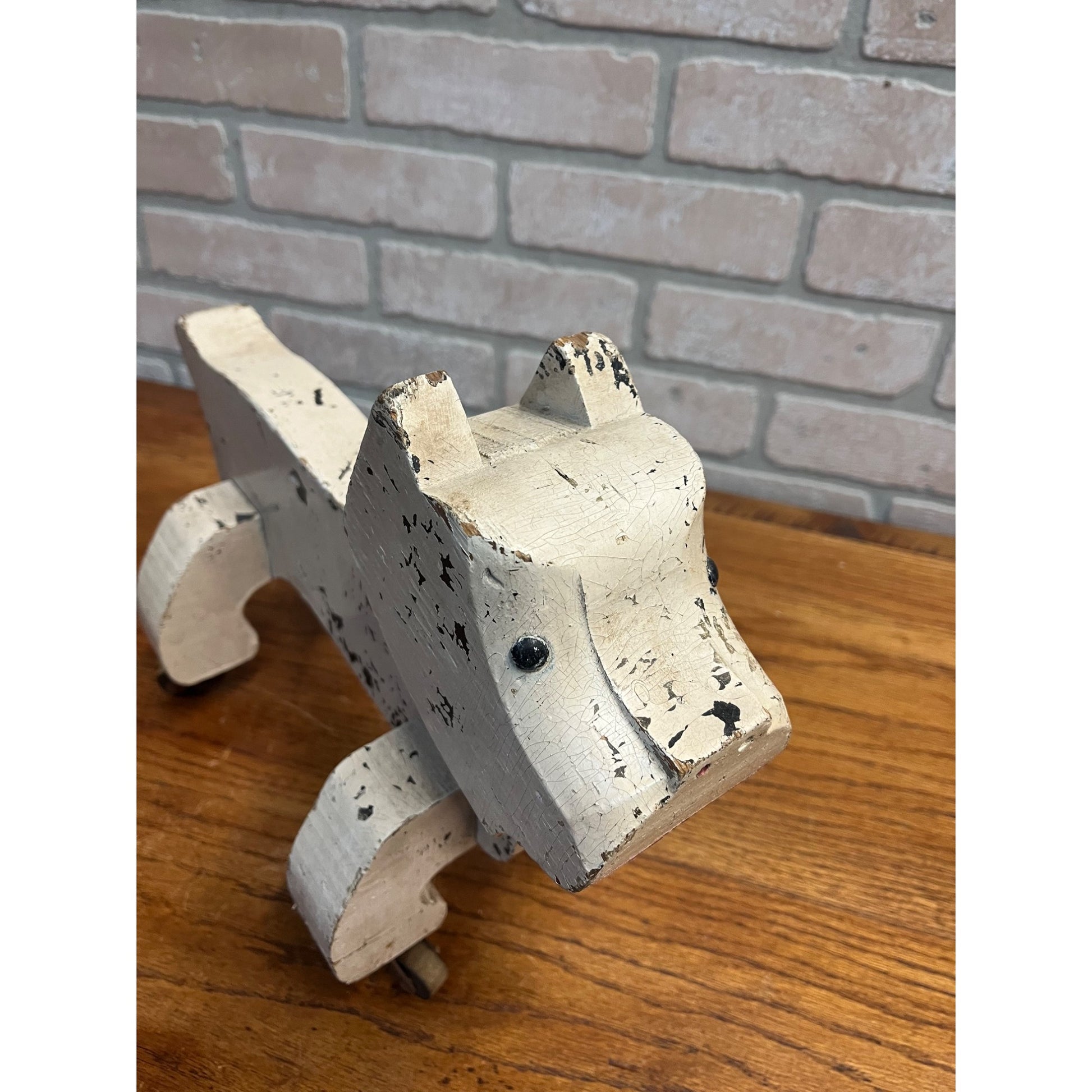 Antique Gould Toy Oshkosh Toddler Pet Bulldog Wooden Folk Art Carved Pull Toy
