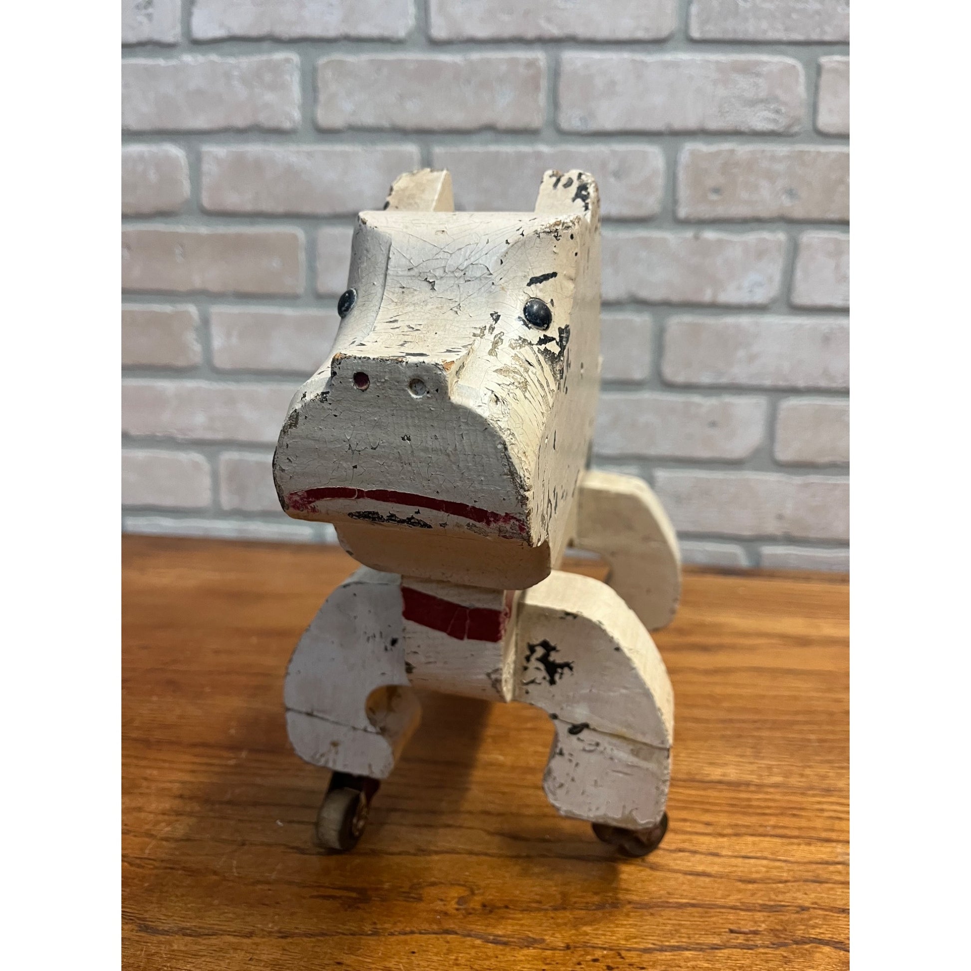 Antique Gould Toy Oshkosh Toddler Pet Bulldog Wooden Folk Art Carved Pull Toy