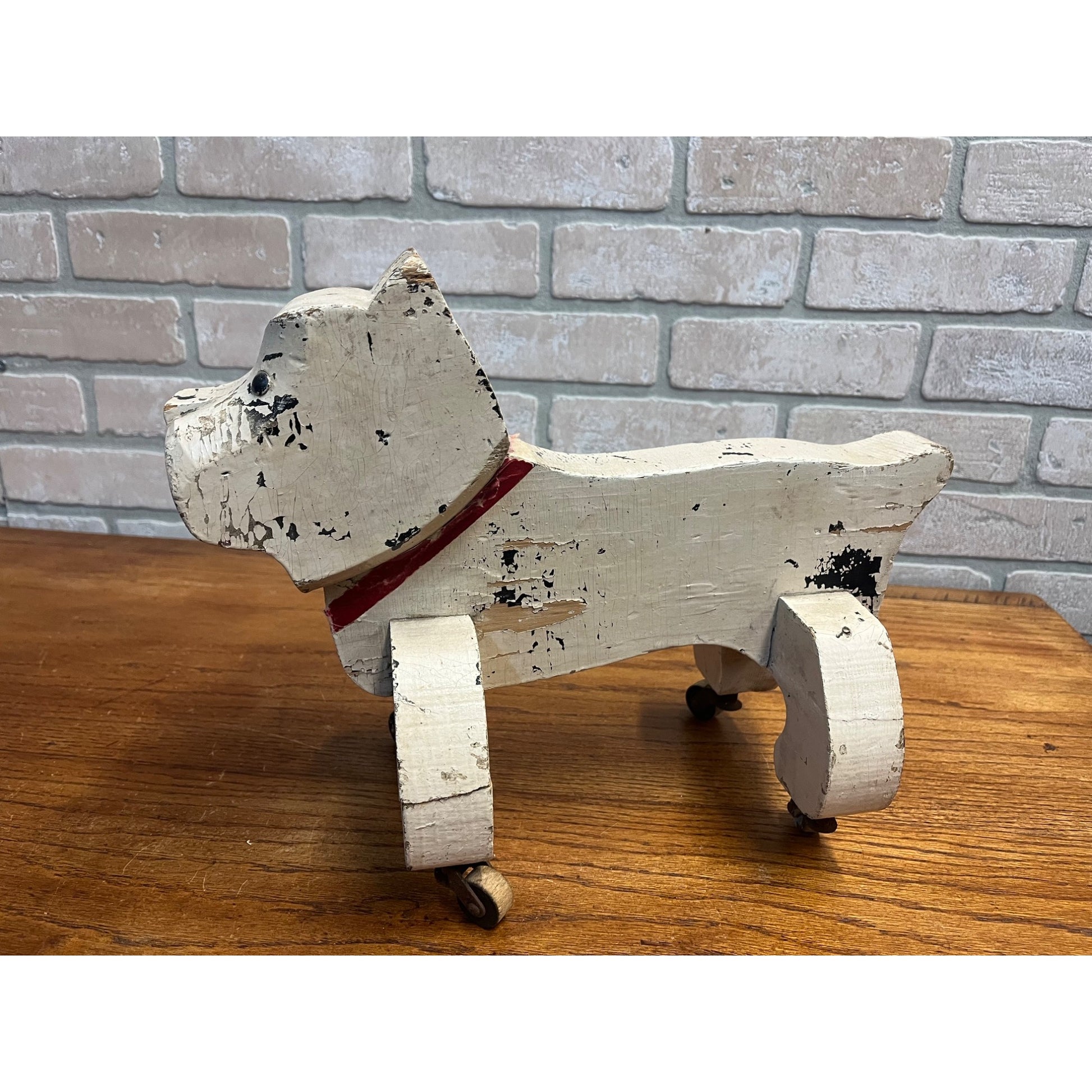 Antique Gould Toy Oshkosh Toddler Pet Bulldog Wooden Folk Art Carved Pull Toy