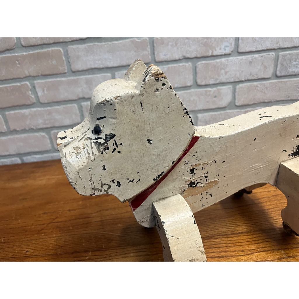 Antique Gould Toy Oshkosh Toddler Pet Bulldog Wooden Folk Art Carved Pull Toy