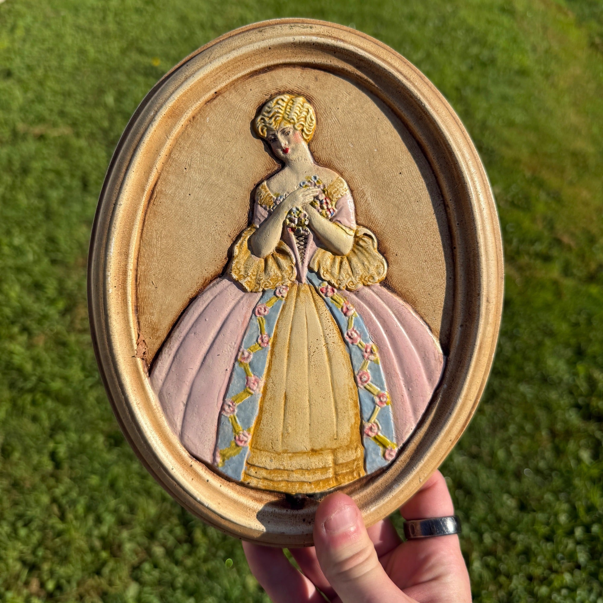 Vintage MCM Mid-Century Chalkware Woman in Pink Dress Wall Plaque Decor