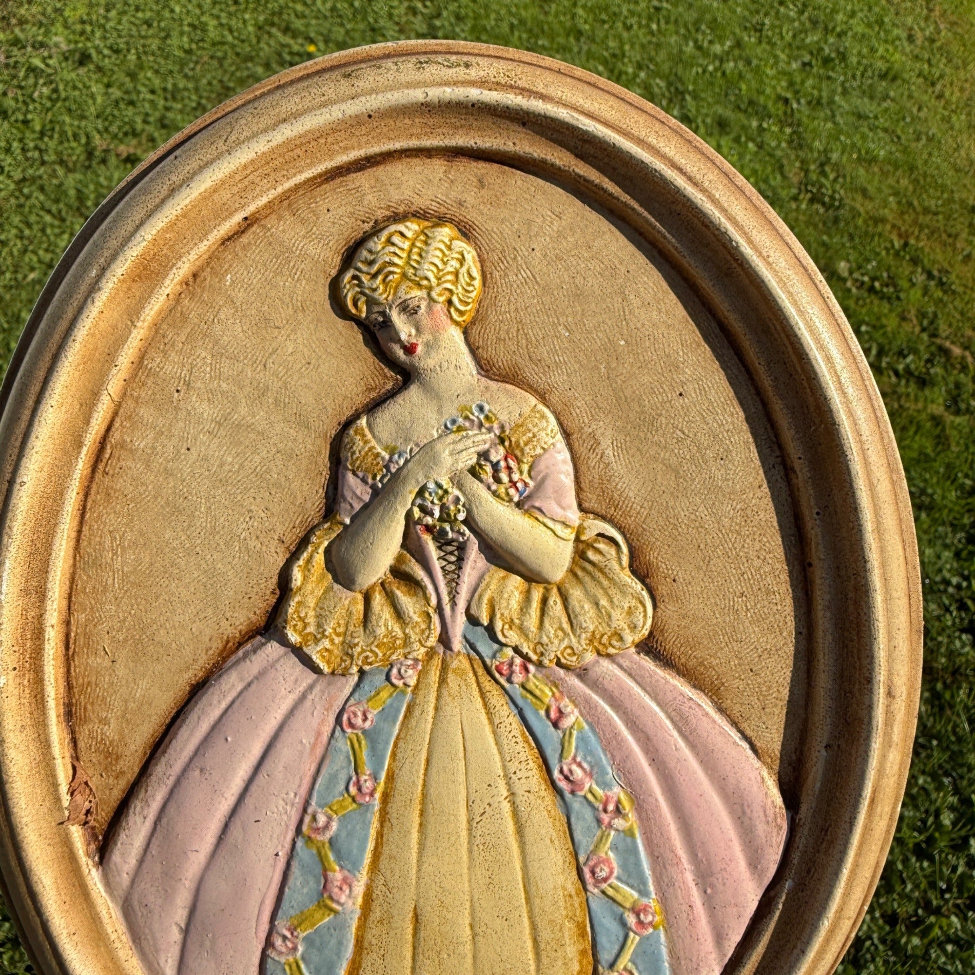 Vintage MCM Mid-Century Chalkware Woman in Pink Dress Wall Plaque Decor