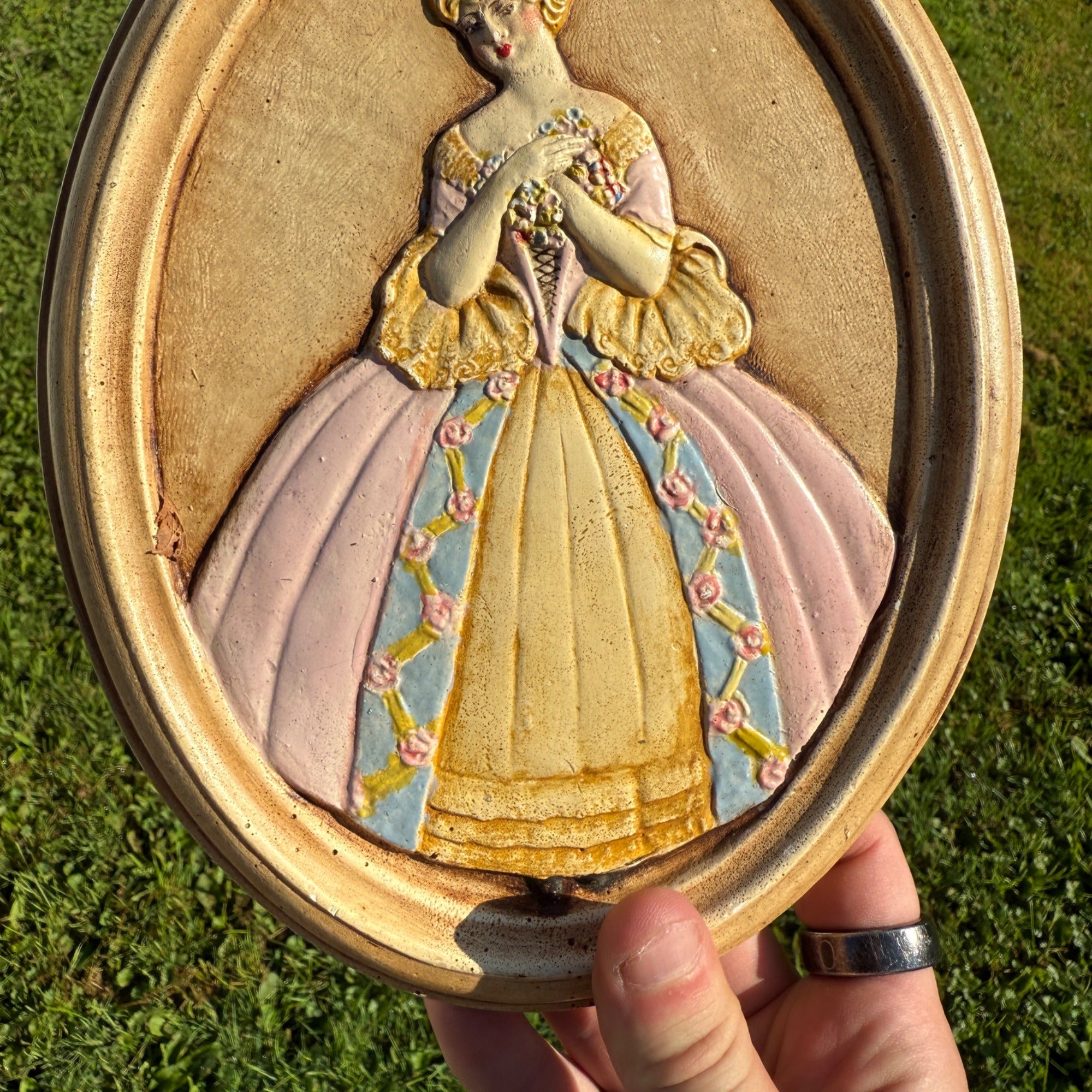 Vintage MCM Mid-Century Chalkware Woman in Pink Dress Wall Plaque Decor