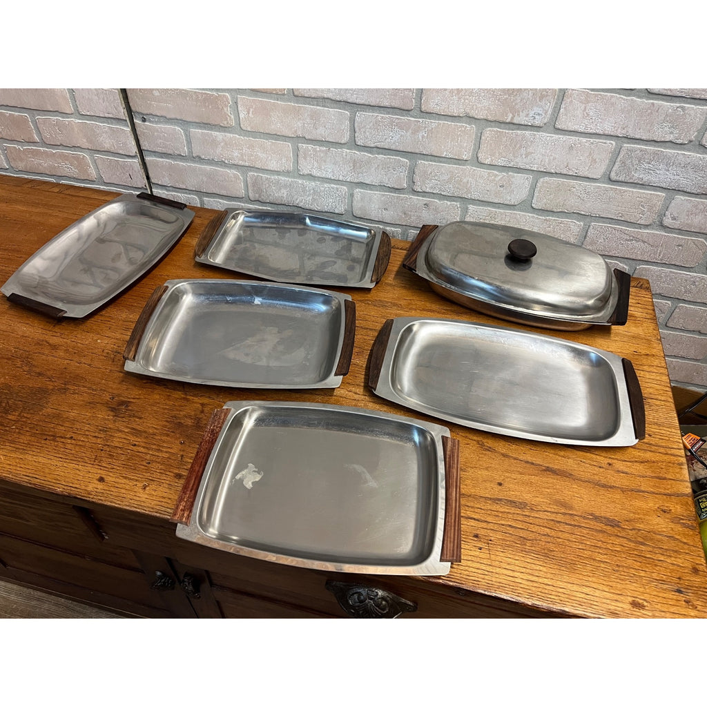 Lot (6) Vintage Mid Century Modern Stainless Steel Serving Trays W/ Teak Handles