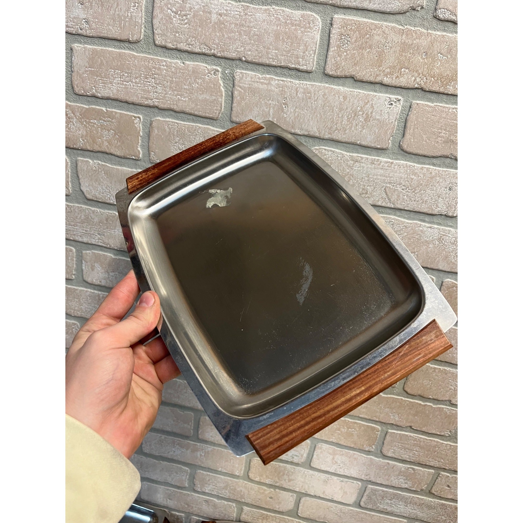 Lot (6) Vintage Mid Century Modern Stainless Steel Serving Trays W/ Teak Handles