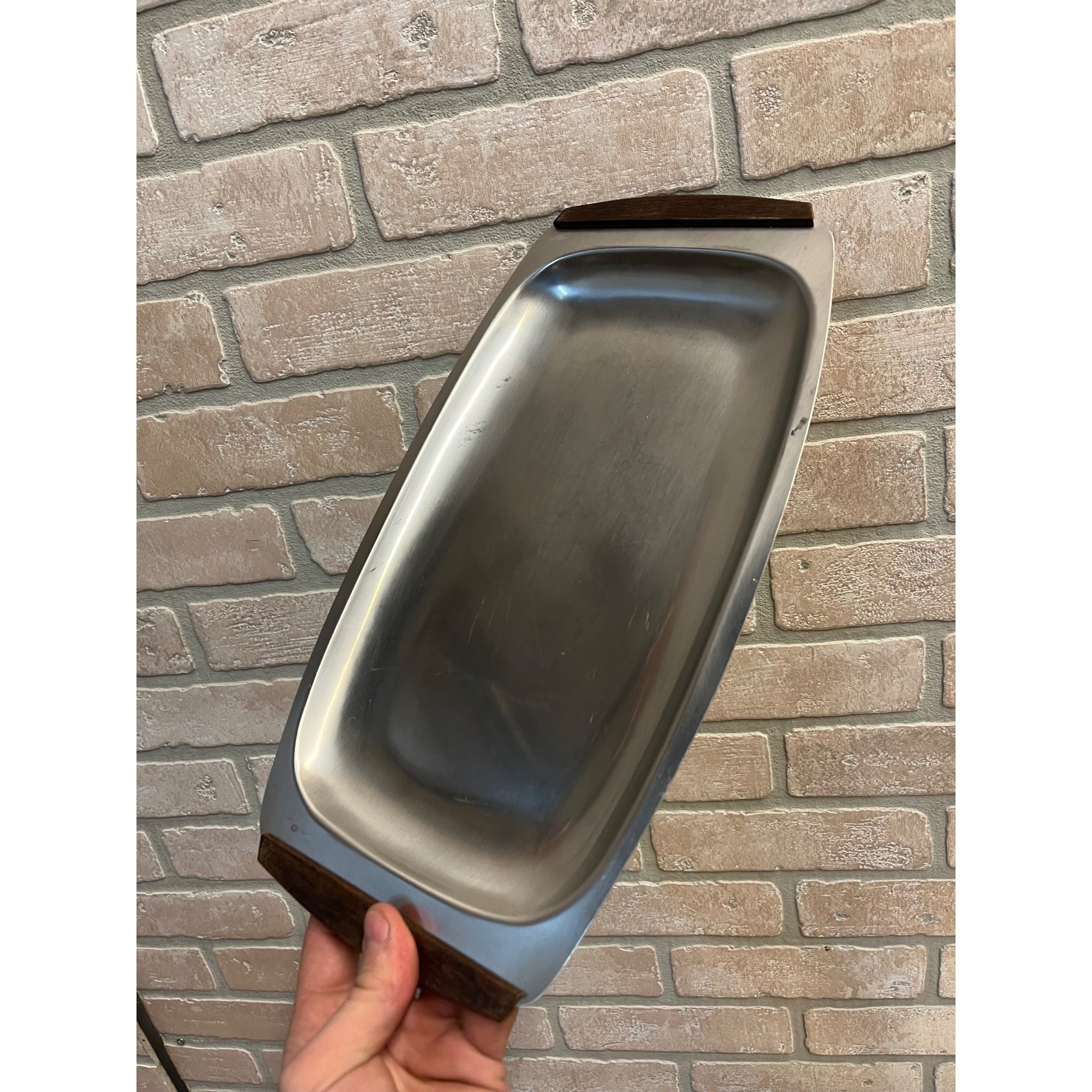 Lot (6) Vintage Mid Century Modern Stainless Steel Serving Trays W/ Teak Handles