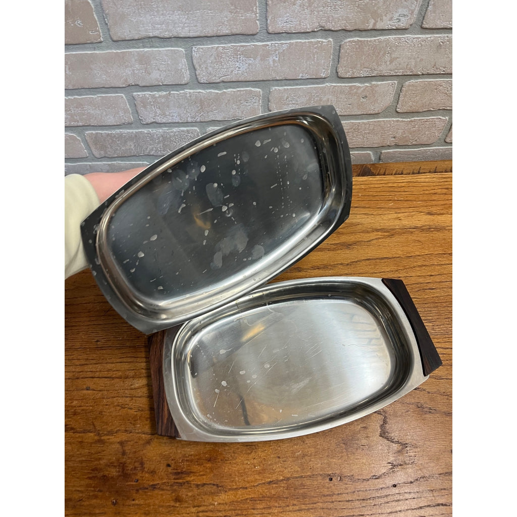 Lot (6) Vintage Mid Century Modern Stainless Steel Serving Trays W/ Teak Handles