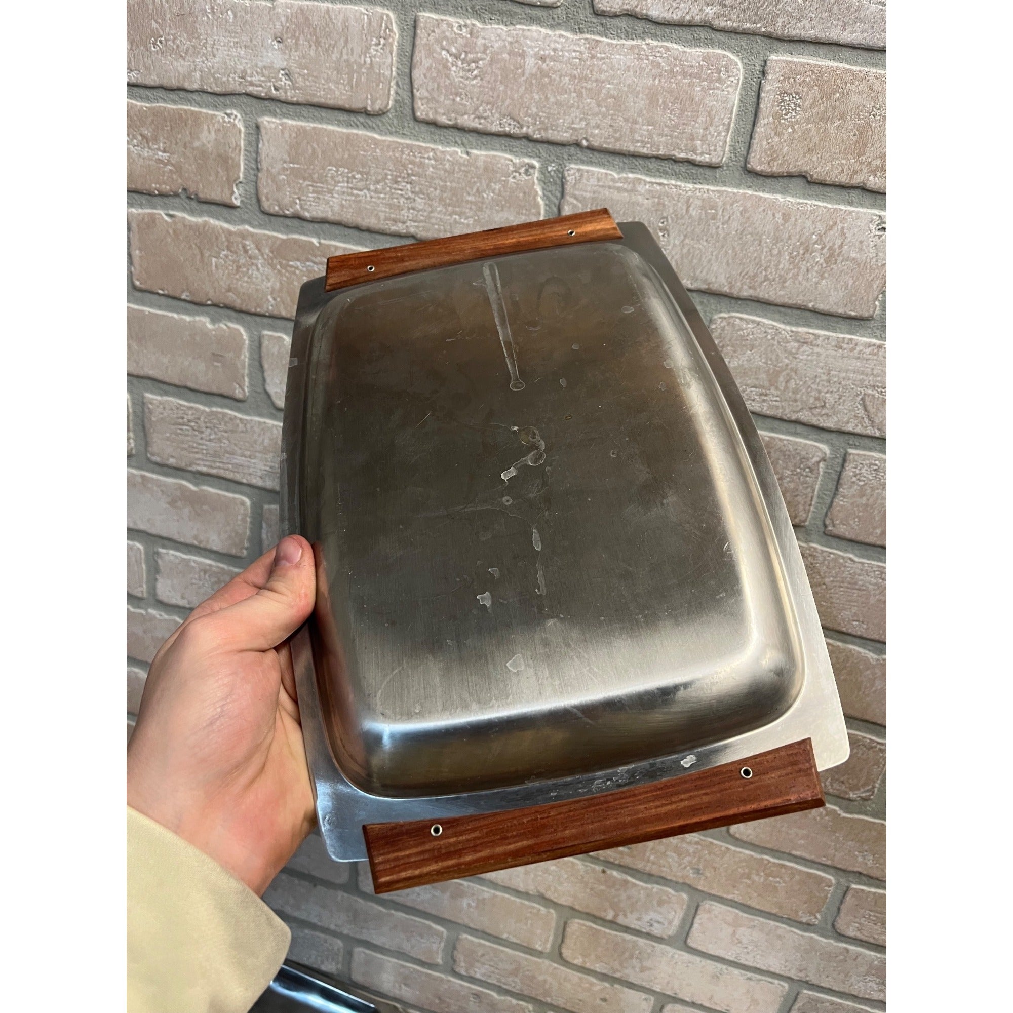 Lot (6) Vintage Mid Century Modern Stainless Steel Serving Trays W/ Teak Handles