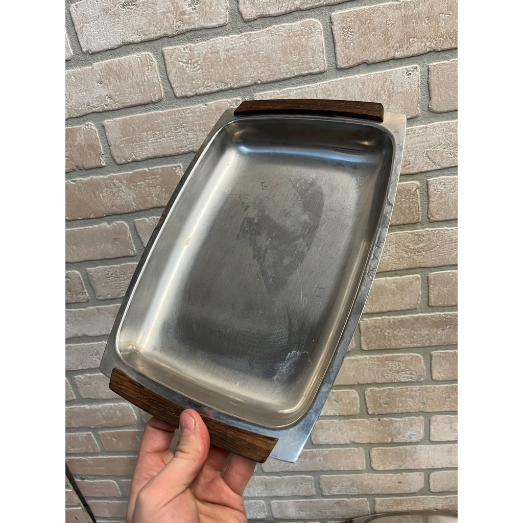 Lot (6) Vintage Mid Century Modern Stainless Steel Serving Trays W/ Teak Handles
