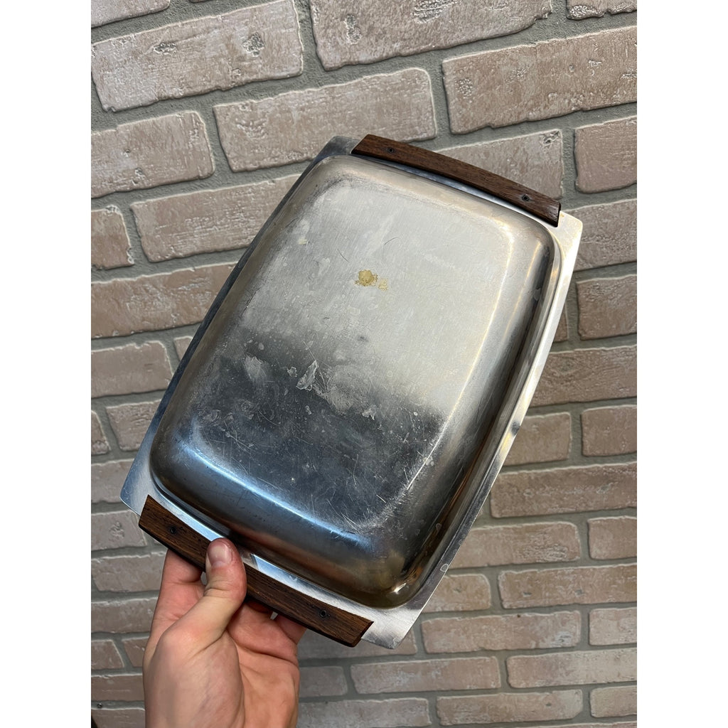Lot (6) Vintage Mid Century Modern Stainless Steel Serving Trays W/ Teak Handles