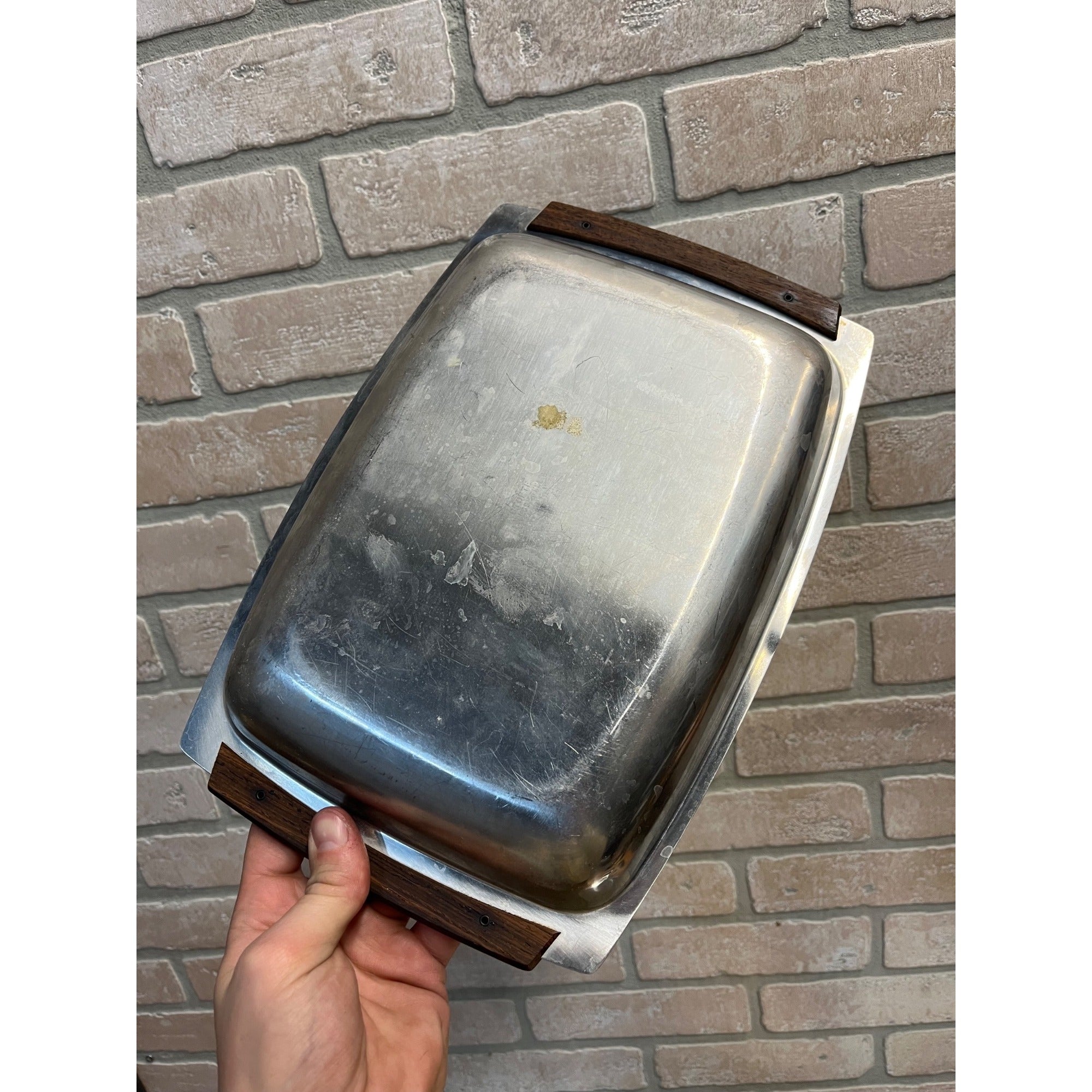 Lot (6) Vintage Mid Century Modern Stainless Steel Serving Trays W/ Teak Handles