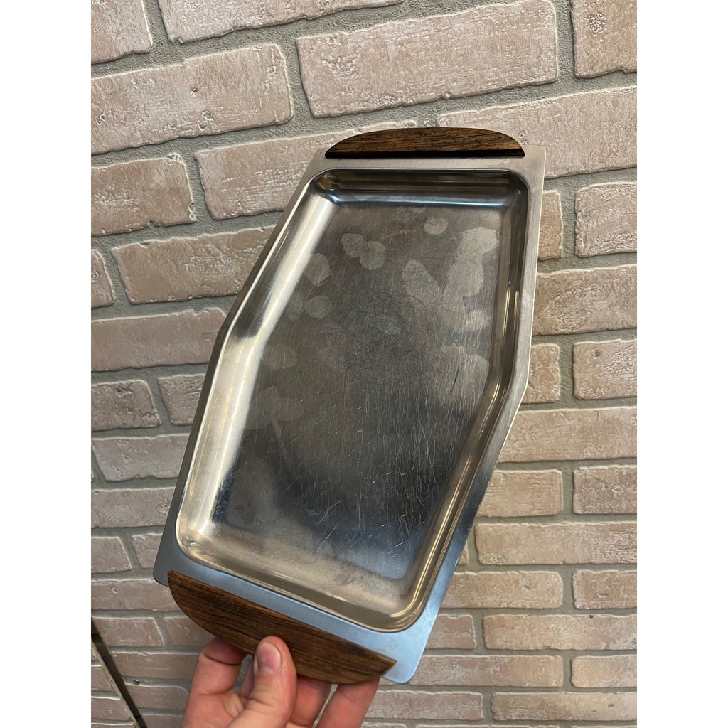 Lot (6) Vintage Mid Century Modern Stainless Steel Serving Trays W/ Teak Handles