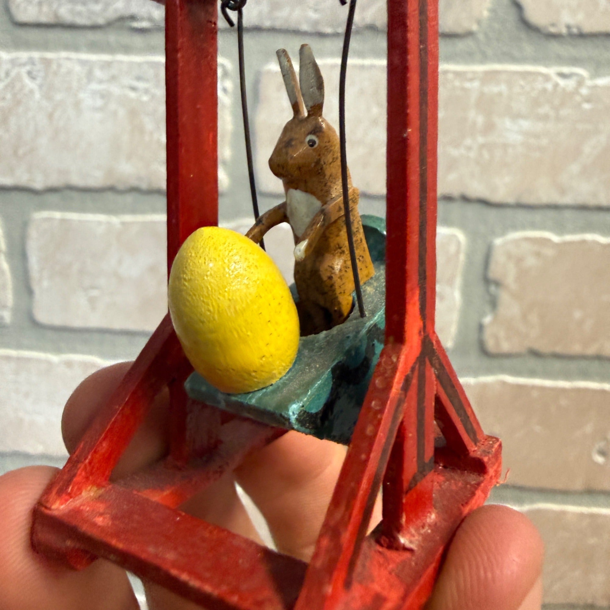 Vintage Wooden Folk Art Easter Decor Mini Rabbit Bunny on Swing Egg