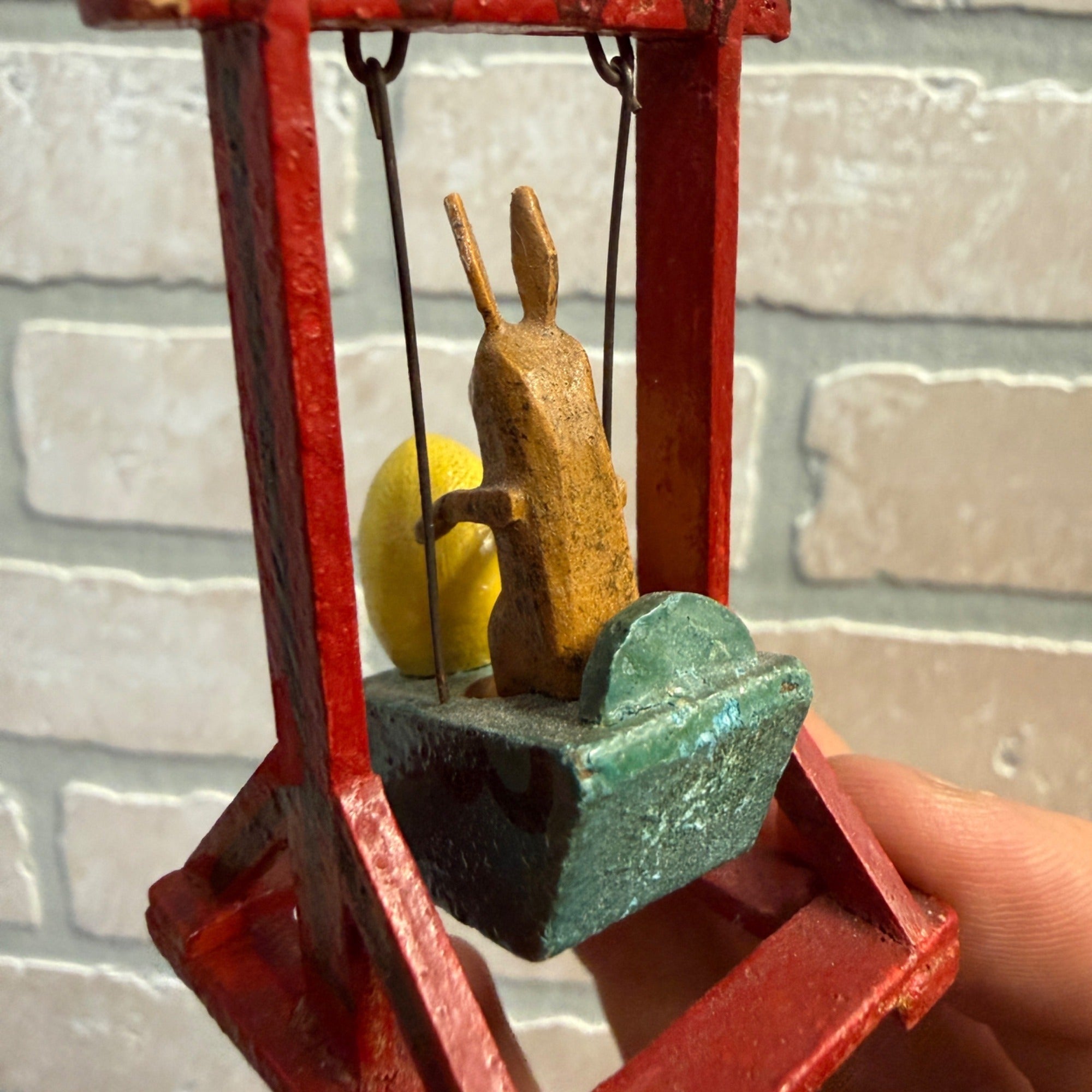 Vintage Wooden Folk Art Easter Decor Mini Rabbit Bunny on Swing Egg