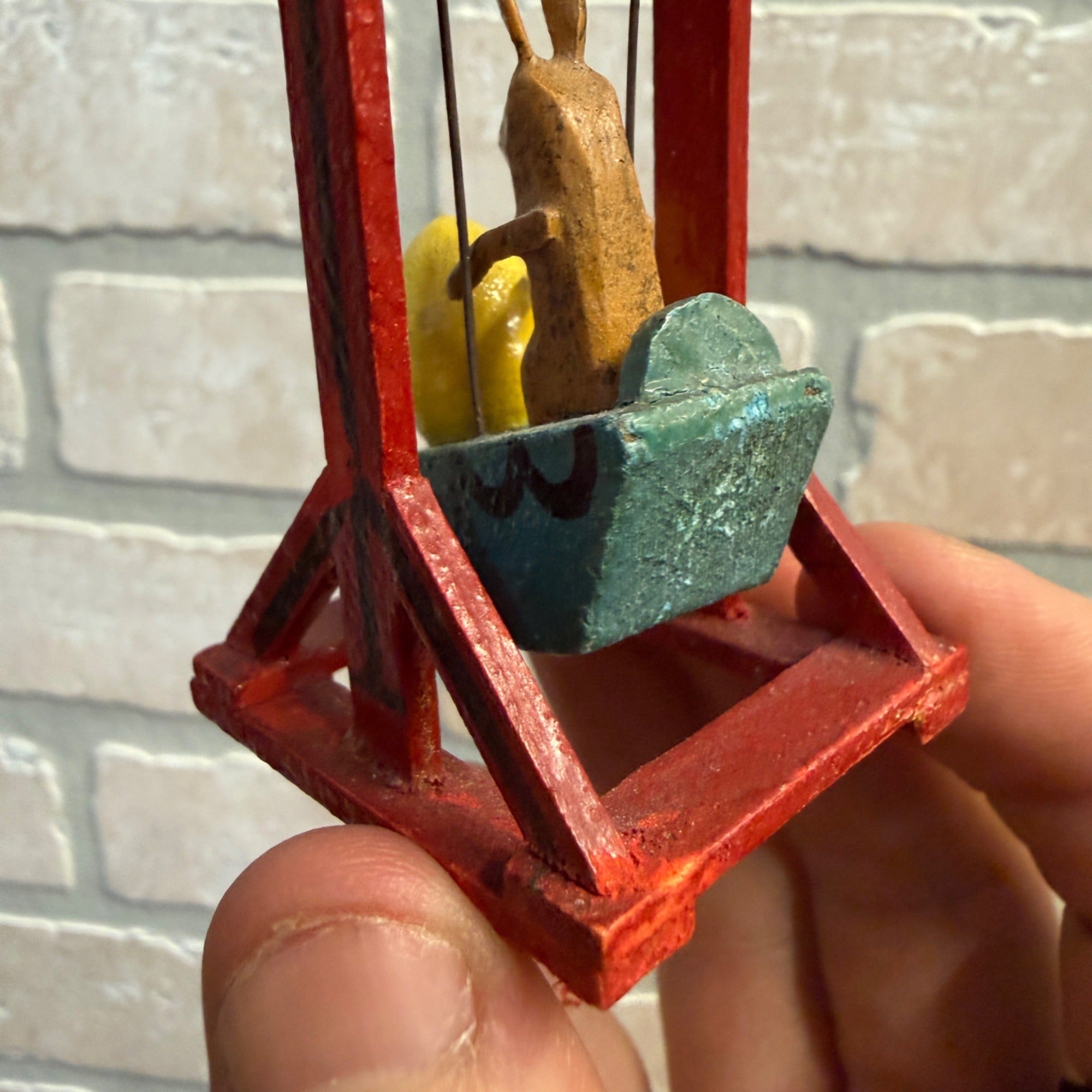Vintage Wooden Folk Art Easter Decor Mini Rabbit Bunny on Swing Egg