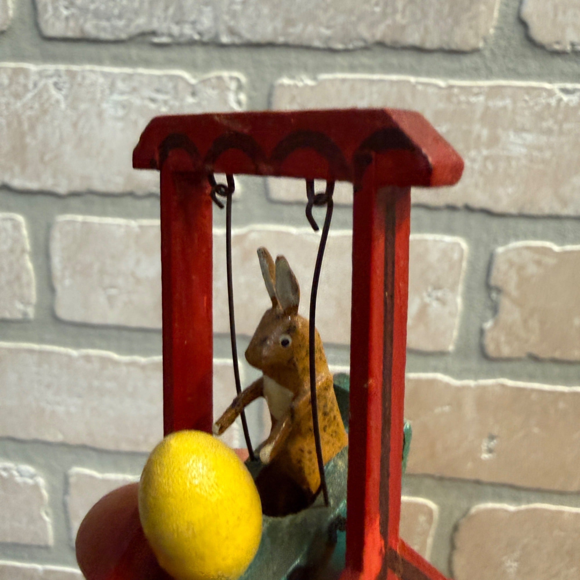 Vintage Wooden Folk Art Easter Decor Mini Rabbit Bunny on Swing Egg