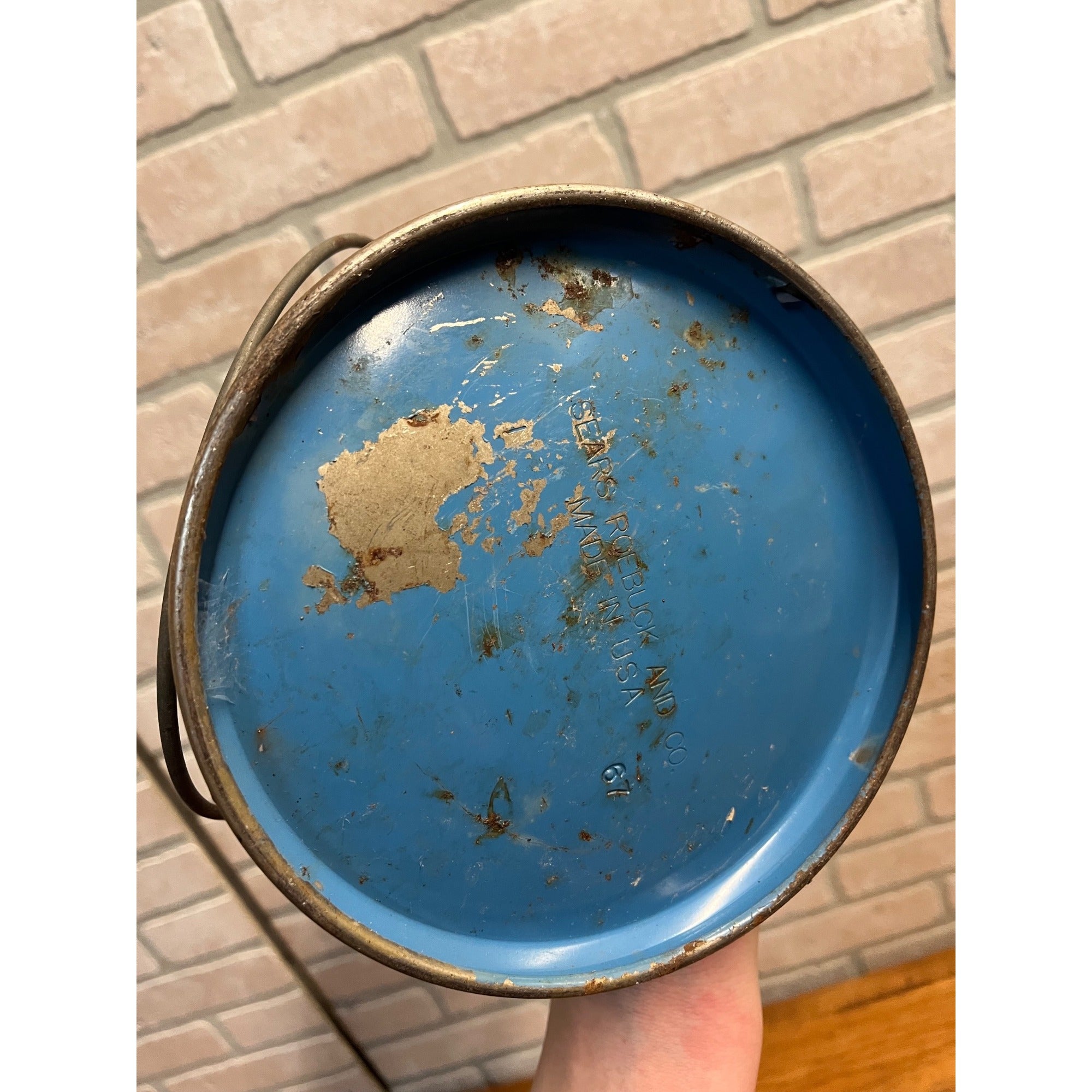 Vintage 1967 Sears Blue Camping Lantern 476-74060 w/ Pyrex Clear Glass Globe