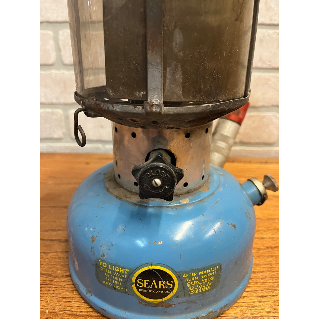 Vintage 1967 Sears Blue Camping Lantern 476-74060 w/ Pyrex Clear Glass Globe