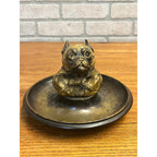 Antique 1900s Cold Painted Brass Monocled French Bulldog Match Holder & Ashtray