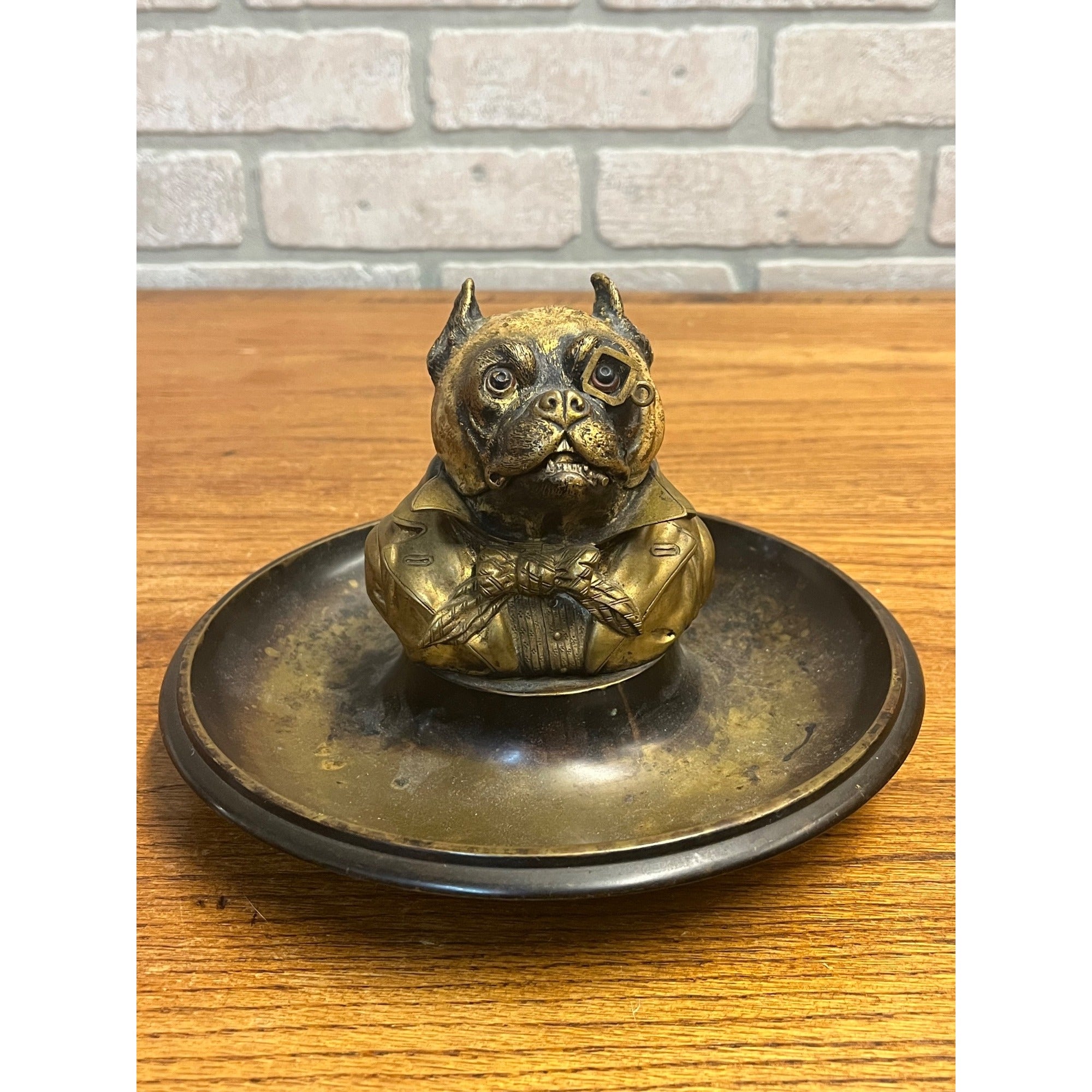 Antique 1900s Cold Painted Brass Monocled French Bulldog Match Holder & Ashtray