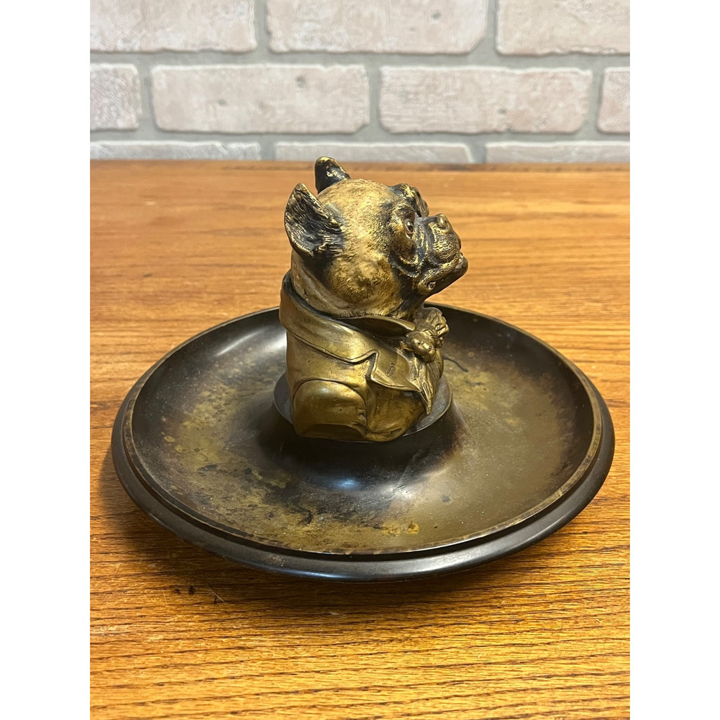 Antique 1900s Cold Painted Brass Monocled French Bulldog Match Holder & Ashtray