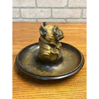 Antique 1900s Cold Painted Brass Monocled French Bulldog Match Holder & Ashtray
