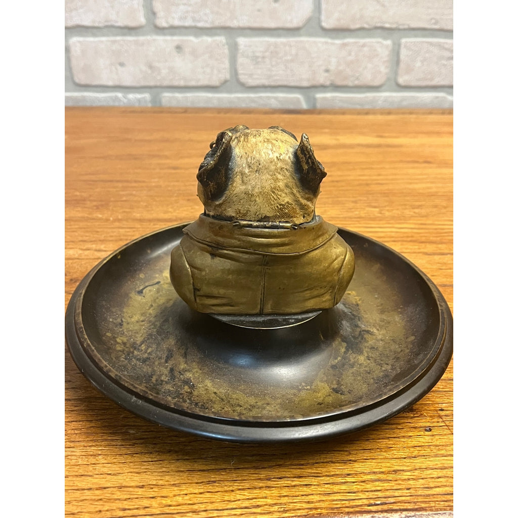 Antique 1900s Cold Painted Brass Monocled French Bulldog Match Holder & Ashtray