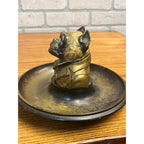 Antique 1900s Cold Painted Brass Monocled French Bulldog Match Holder & Ashtray