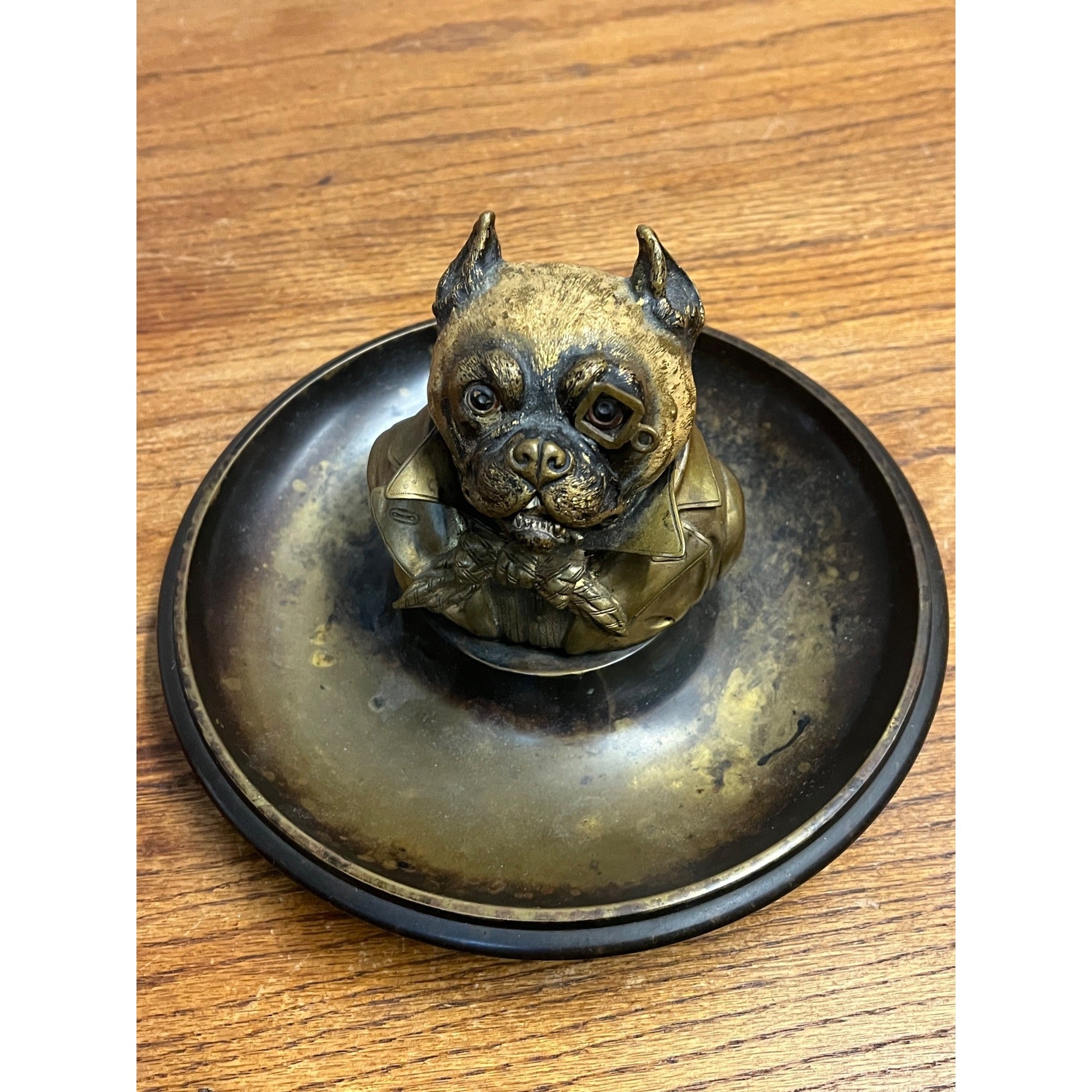 Antique 1900s Cold Painted Brass Monocled French Bulldog Match Holder & Ashtray