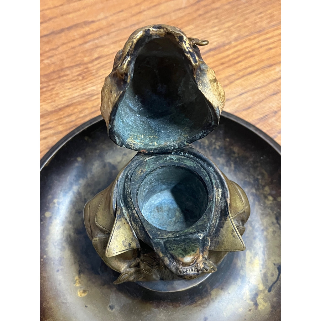 Antique 1900s Cold Painted Brass Monocled French Bulldog Match Holder & Ashtray