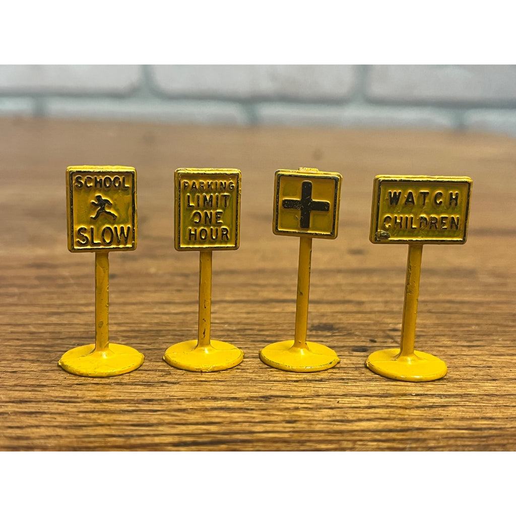 Vintage Miniature Tootsie Toy Metal Highway Road Sign Caution Parking School Children Hospital