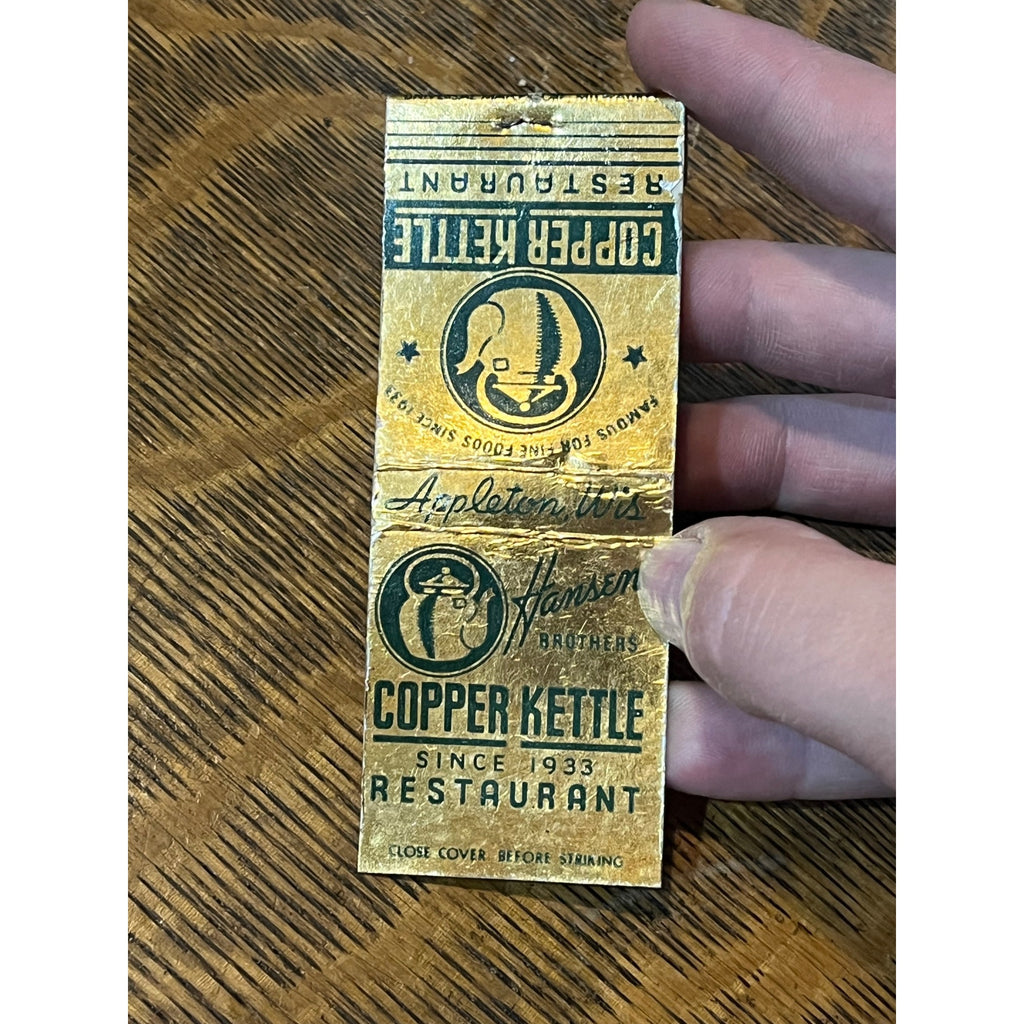 Vintage FULL Matchbook Advertising - Hansen Brothers Copper Kettle - Appleton, Wis.