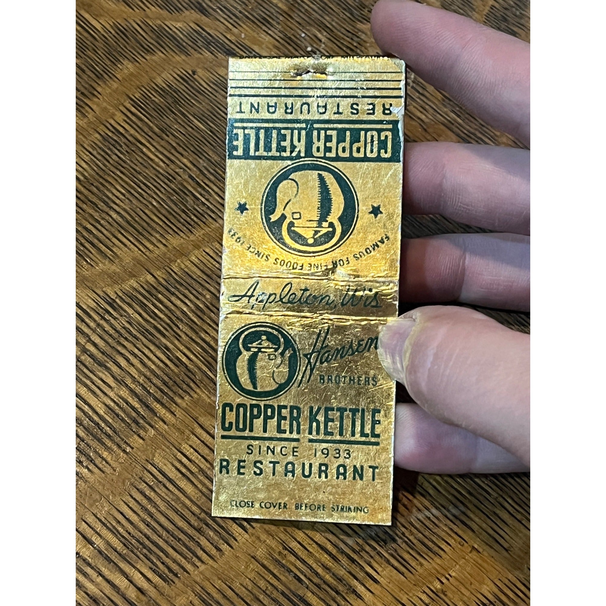Vintage FULL Matchbook Advertising - Hansen Brothers Copper Kettle - Appleton, Wis.