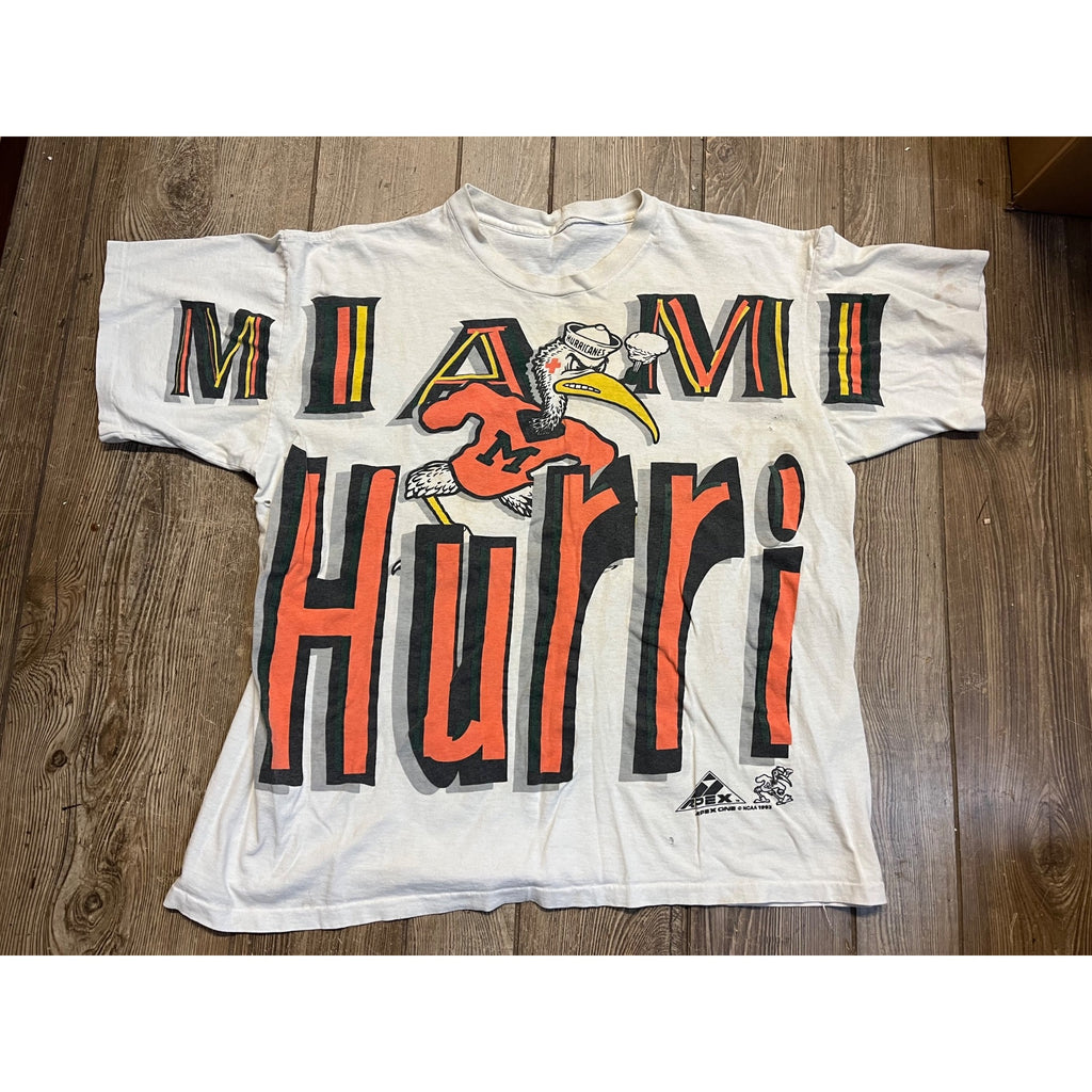 Vintage 90s Miami Hurricanes T-Shirt Mens XL NCAA Apex Single Stitch All Over Print