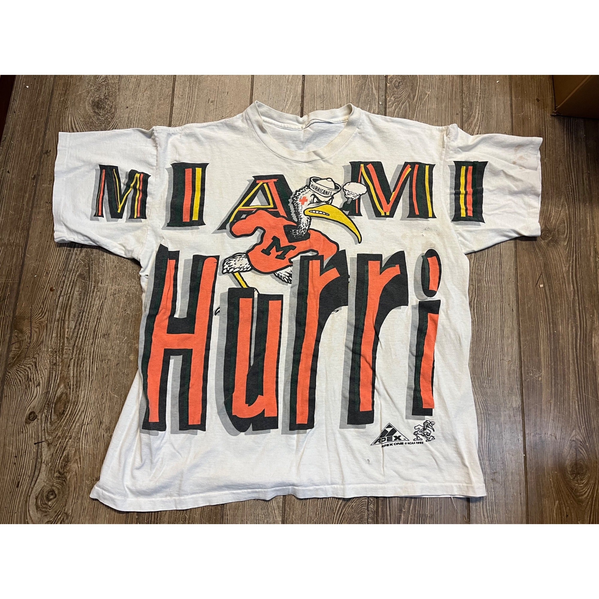 Vintage 90s Miami Hurricanes T-Shirt Mens XL NCAA Apex Single Stitch All Over Print