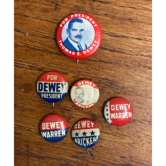 Vintage Thomas Dewey Presidential Campaign Pins Buttons Lot (6) 1944-1948