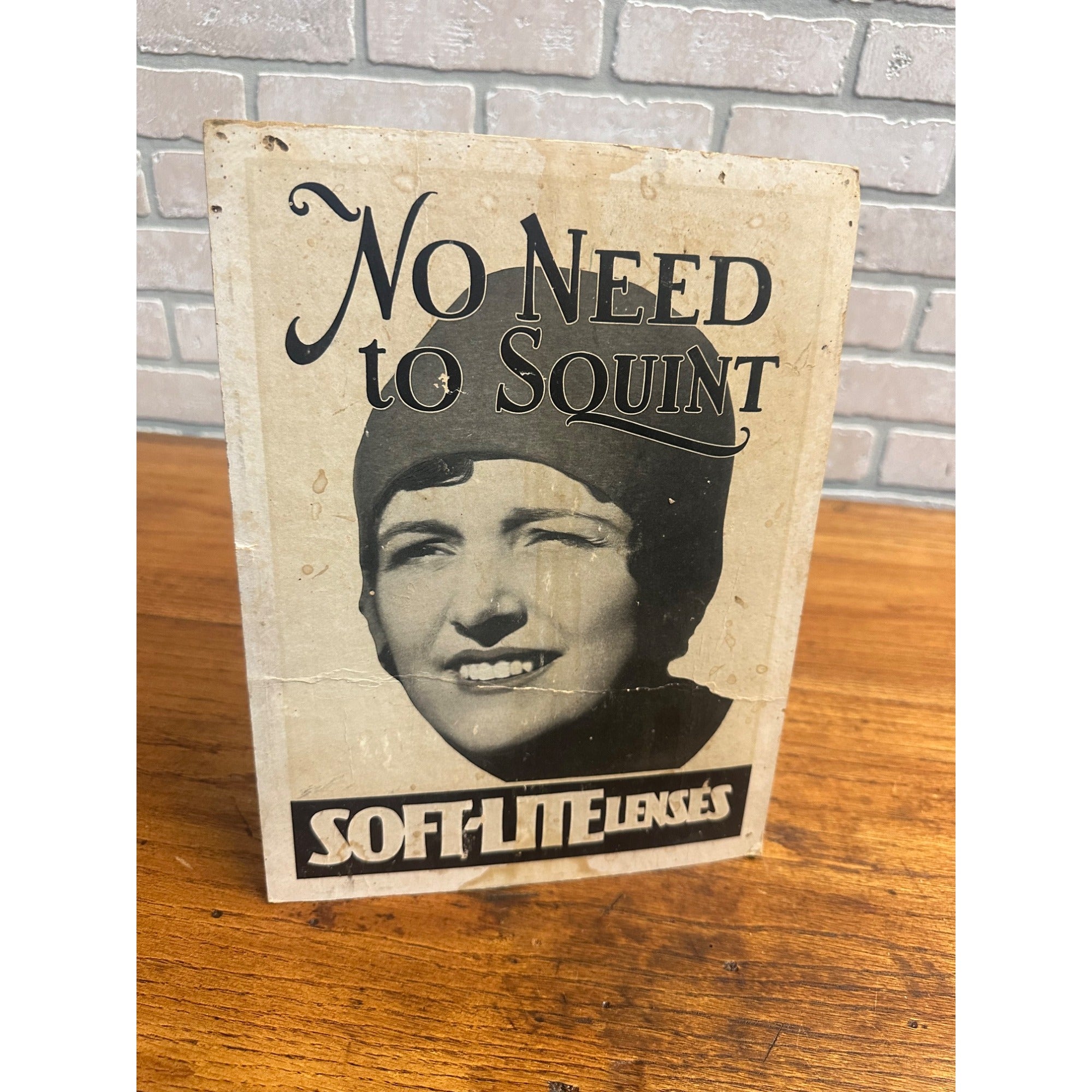 Vintage 1930s Soft-Lite Lenses Advertising Sign Store Display Easel Back Pharmacy