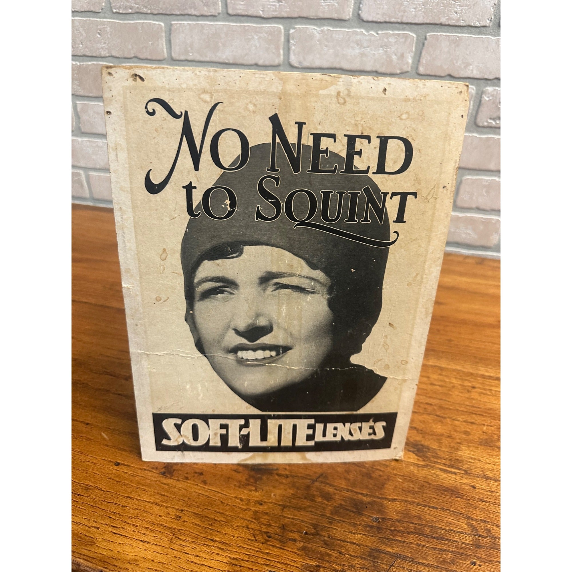 Vintage 1930s Soft-Lite Lenses Advertising Sign Store Display Easel Back Pharmacy